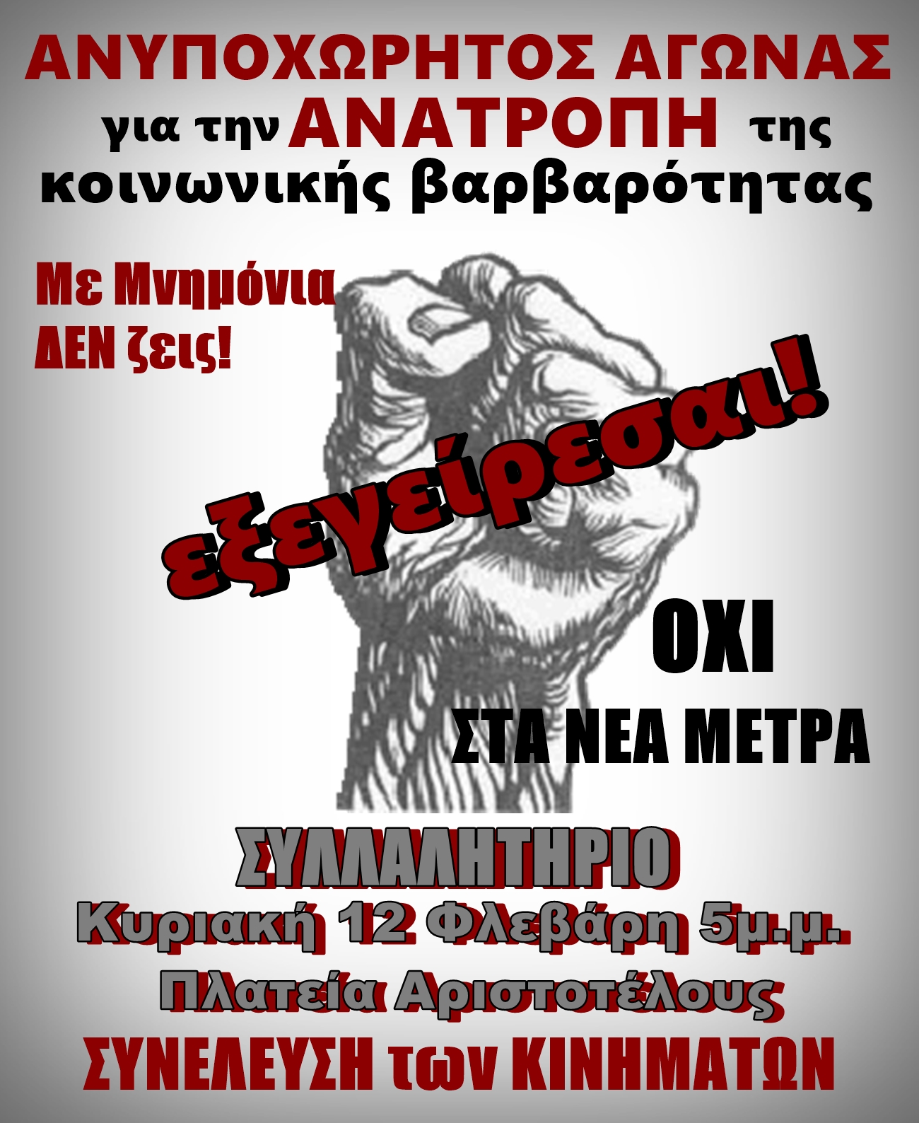 Σε συλλαλητήριο την Κυριακή 12 Φεβρουαρίου καλεί η Συνέλευση των Κινημάτων
